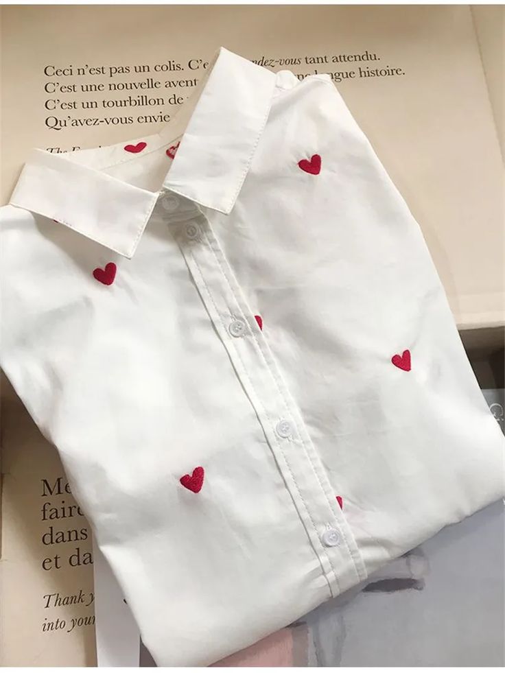 White Button-Down Shirt with Red Heart Embroidery