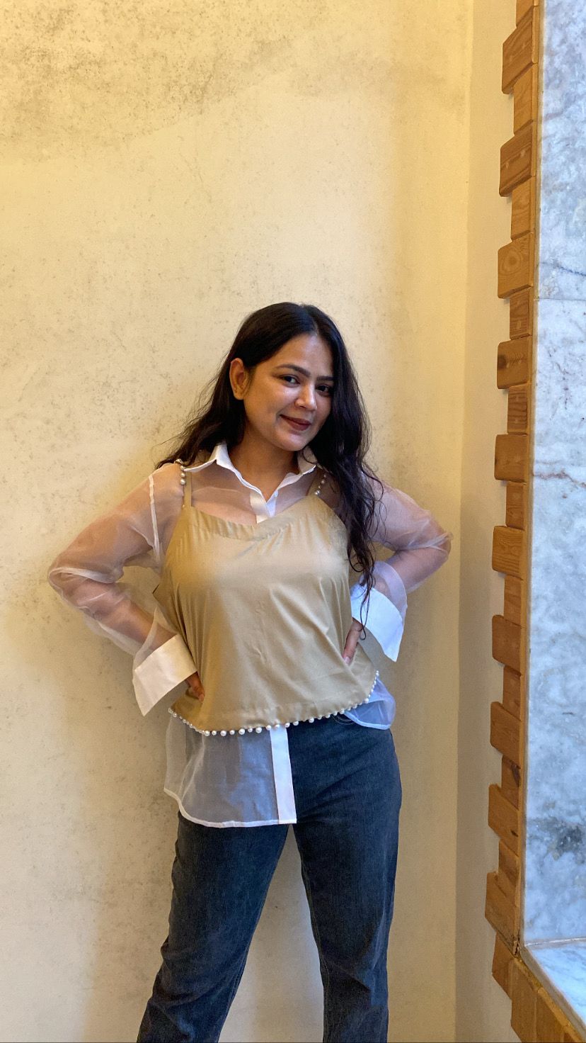 Layered Sheer White Shirt with Beige Camisole with Pearl Detailing