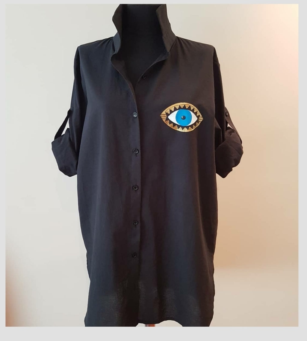 Black Evil Eye Shirt Dress | Protective Symbol Statement Wear