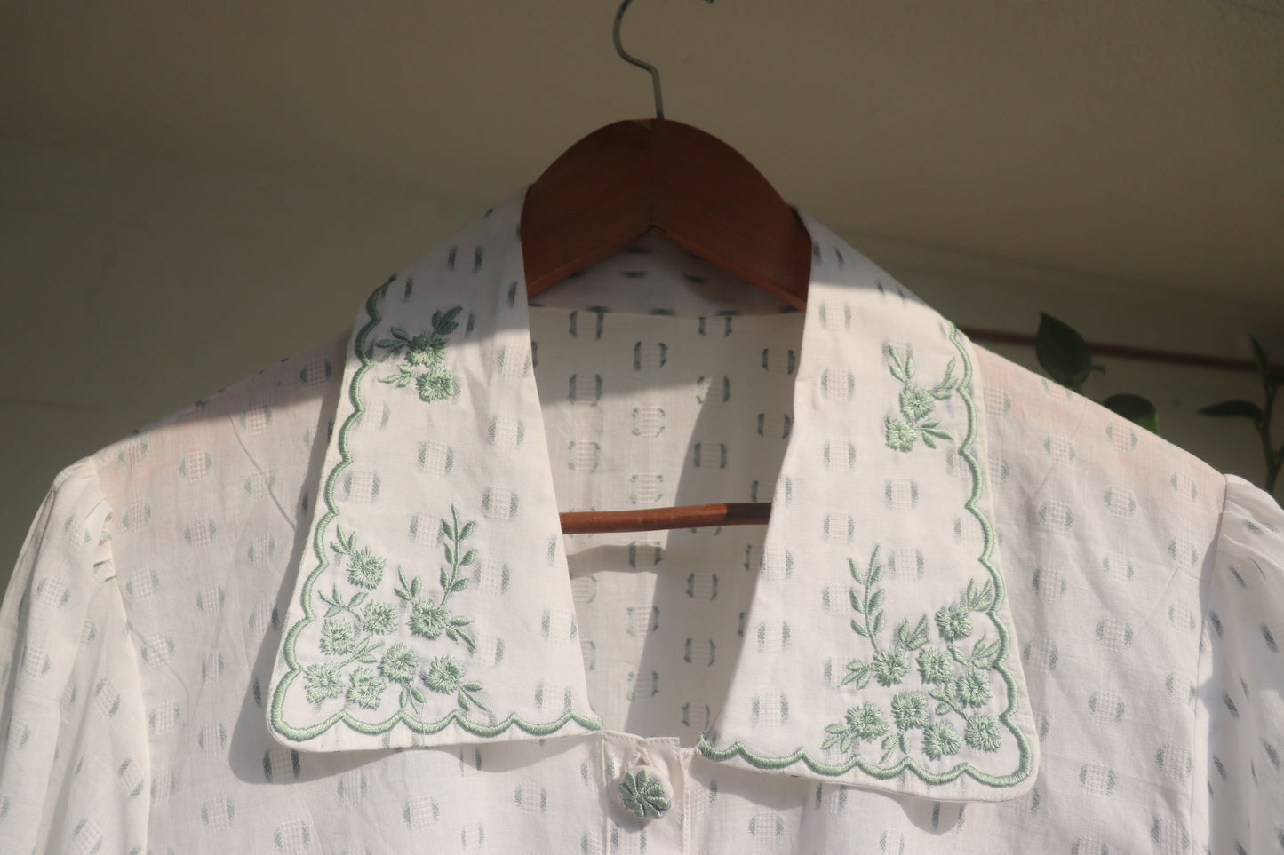 White Hand-Embroidered Cotton Shirt with Green Floral Collar