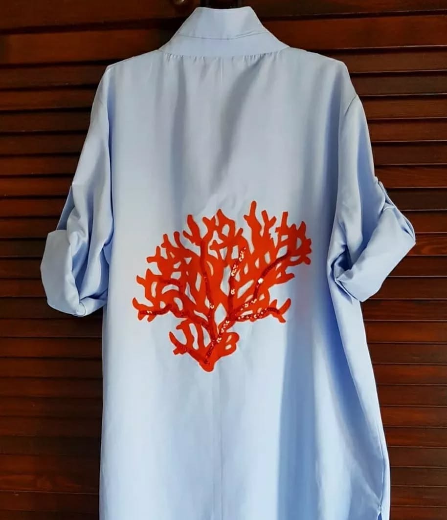 Coral Reef Hand-Painted Blue Shirt Dress – Relaxed Fit