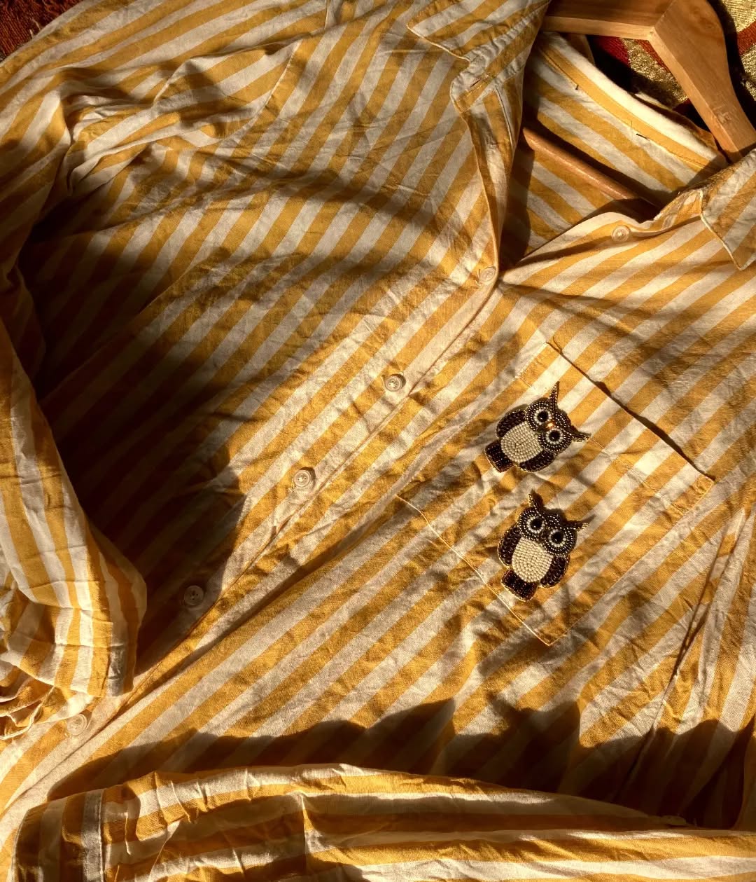 Women’s Mustard & White Striped Shirt with Hand-Embellished Owl Motifs