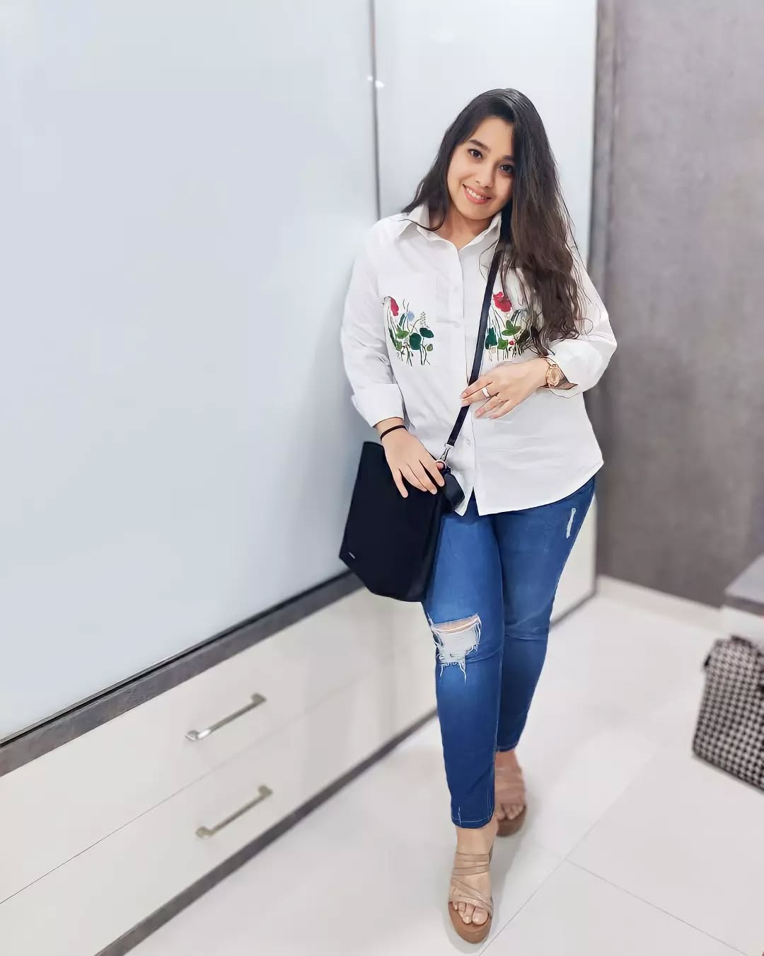 White Embellished Shirt with Floral Pocket Embroidery