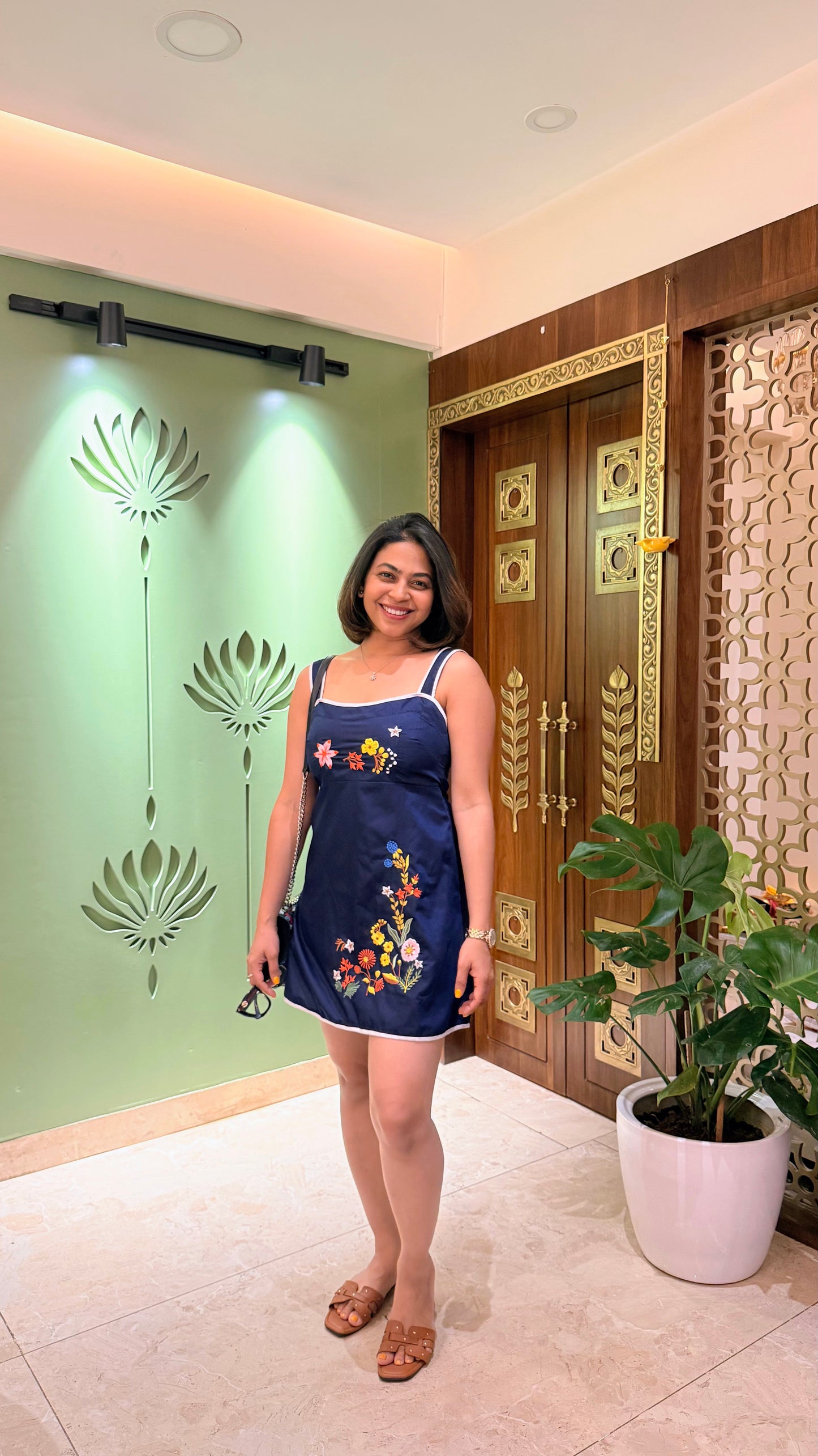 Navy Blue Floral Embroidered Mini Dress for Women | Elegant Summer A-Line Dress