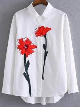 Hand-Painted White Shirt with Bold Red Floral Design