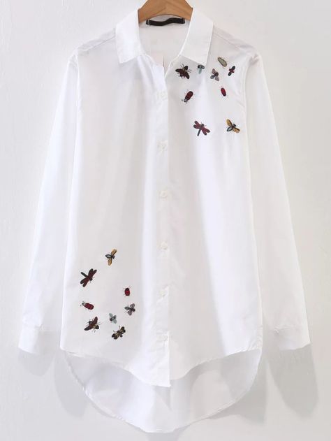 Hand-Painted White Shirt with flies Motif Art