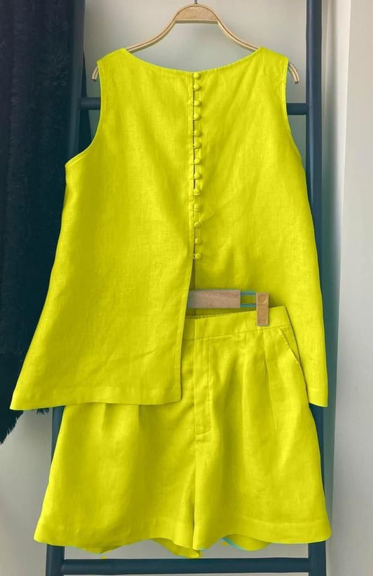 Lime Yellow Linen Co-ord Set | Sleeveless Top & Shorts for Women