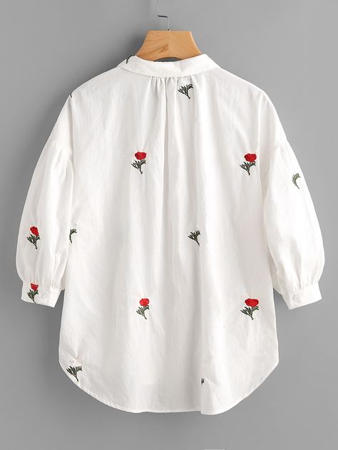 White Cotton Shirt with All-Over Red Floral Embroidery