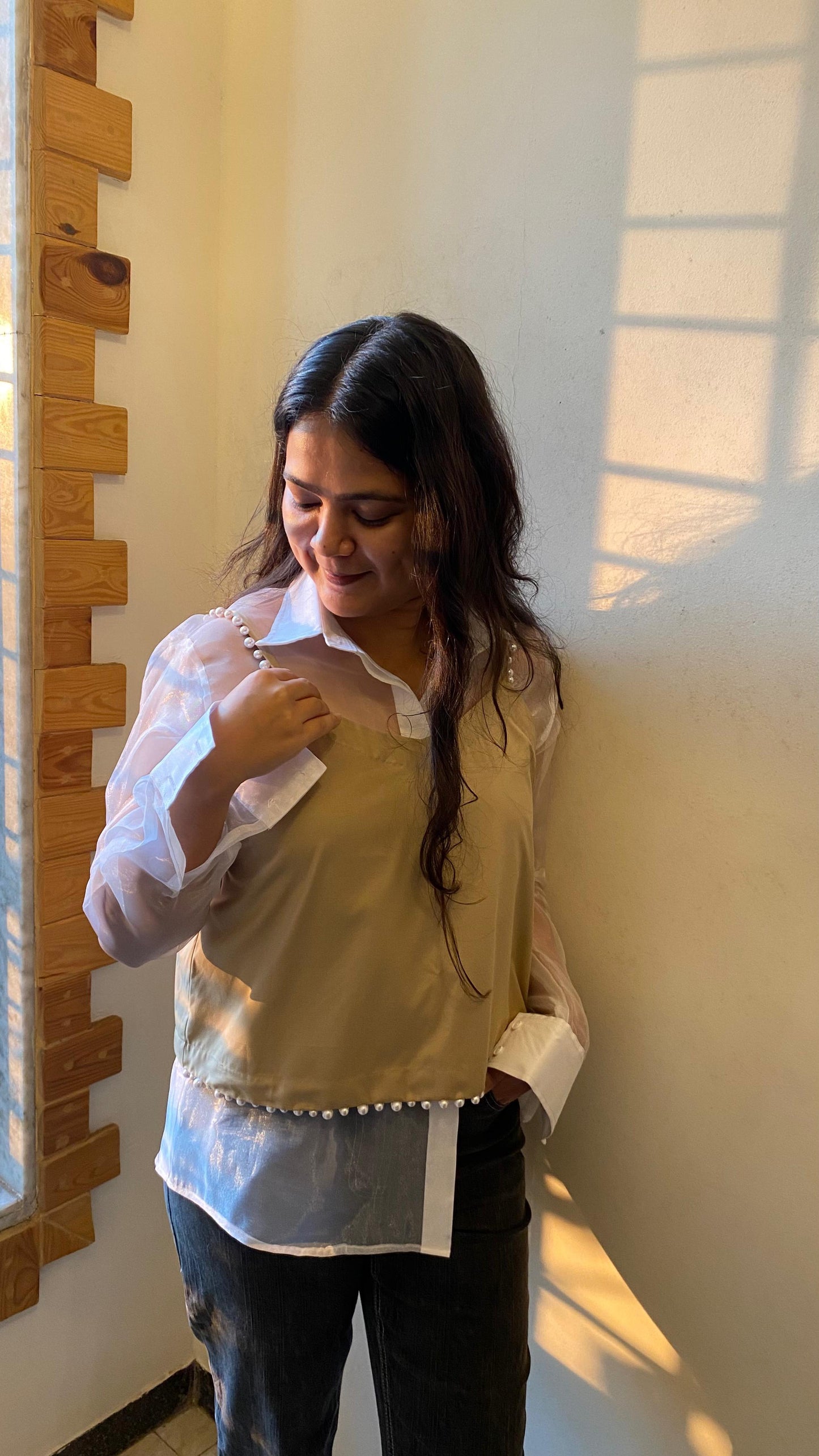 Layered Sheer White Shirt with Beige Camisole with Pearl Detailing