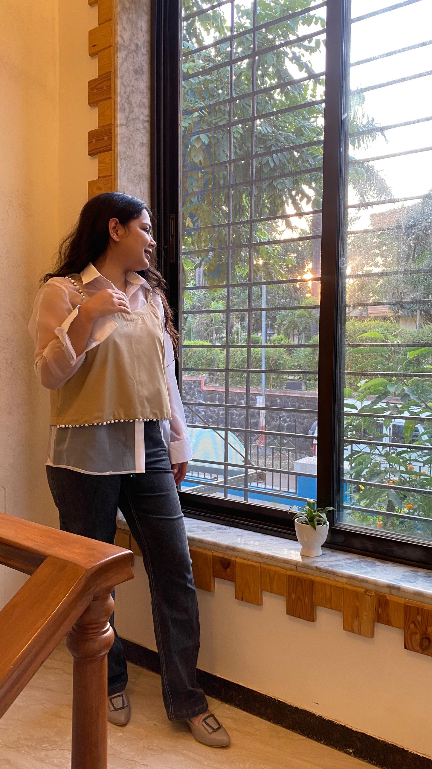 Layered Sheer White Shirt with Beige Camisole with Pearl Detailing