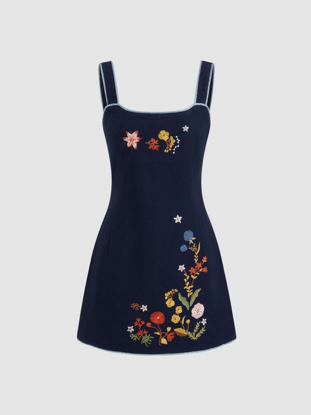 Navy Blue Floral Embroidered Mini Dress for Women | Elegant Summer A-Line Dress