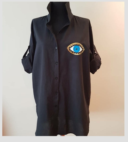 Black Evil Eye Shirt Dress | Protective Symbol Statement Wear