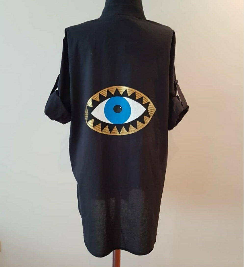 Black Evil Eye Shirt Dress | Protective Symbol Statement Wear