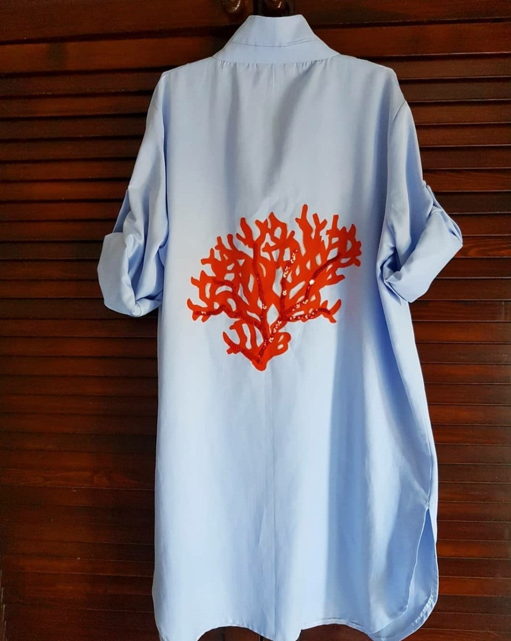 Coral Reef Hand-Painted Blue Shirt Dress – Relaxed Fit