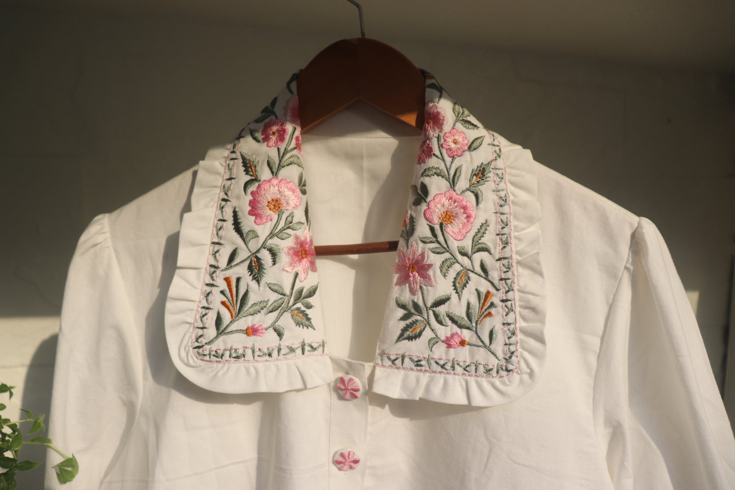 White Cotton Shirt with Hand Embroidered Floral Collar Details