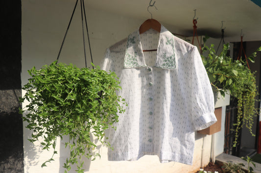 White Hand-Embroidered Cotton Shirt with Green Floral Collar