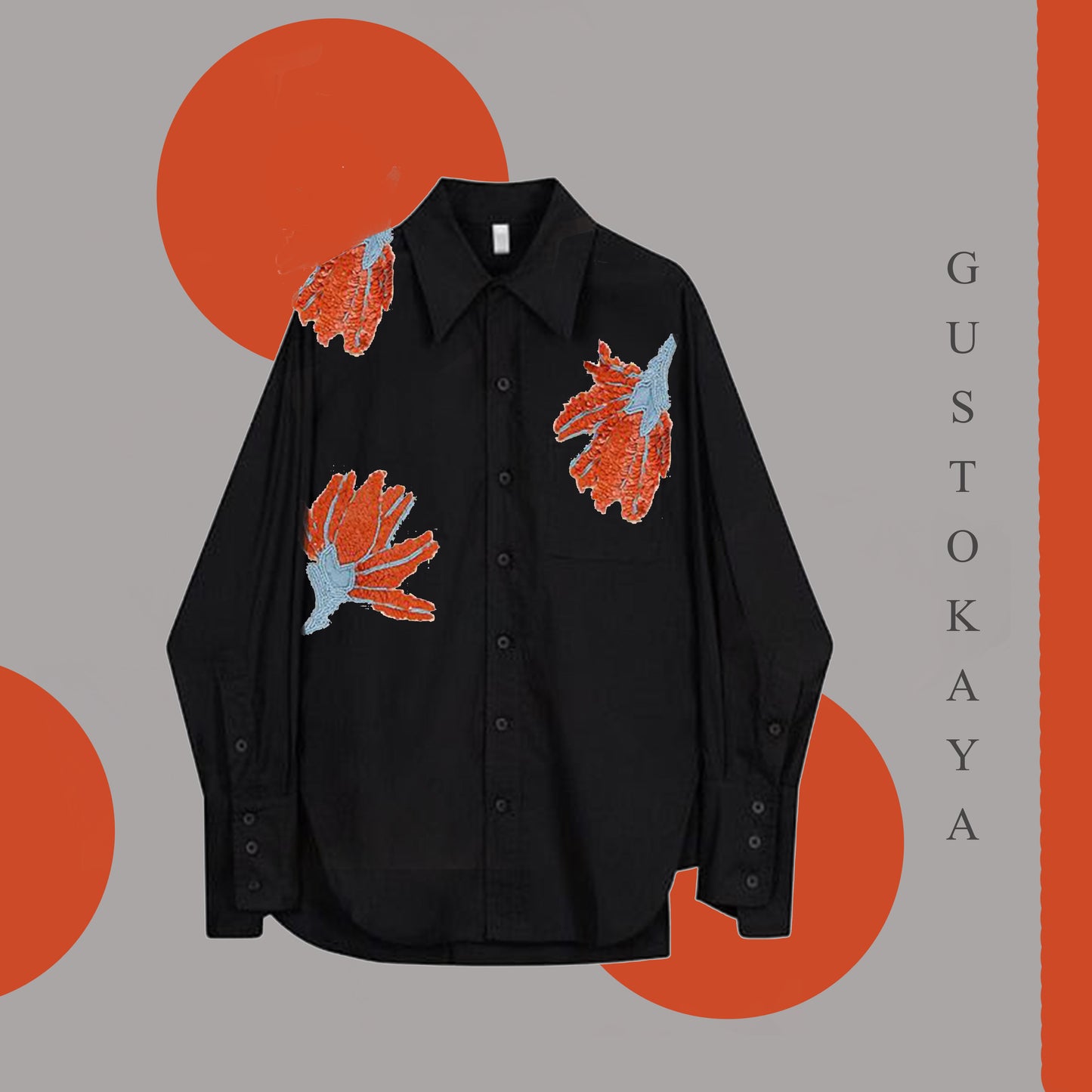 Black Cotton Shirt with Floral Embellishments