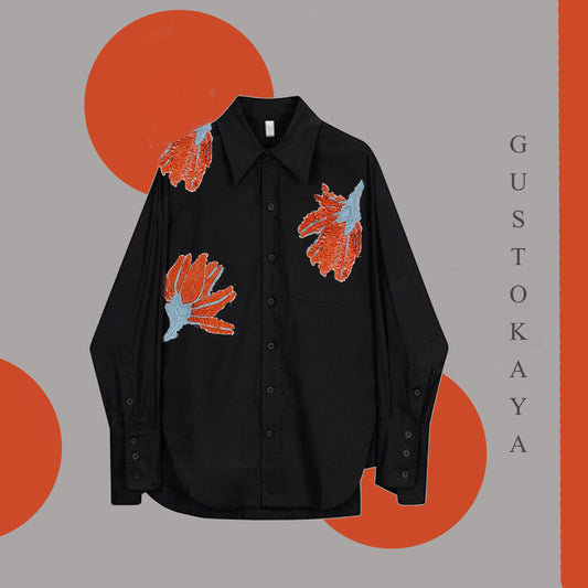 Black Cotton Shirt with Floral Embellishments