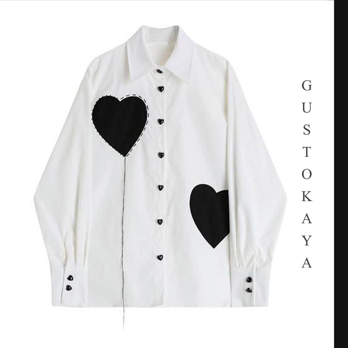 White Cotton Shirt with Black Heart & Heart Buttons
