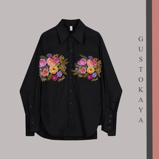 Black Cotton Shirt with Floral Embroidery – Statement Pocket Design