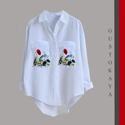 White Embellished Shirt with Floral Pocket Embroidery