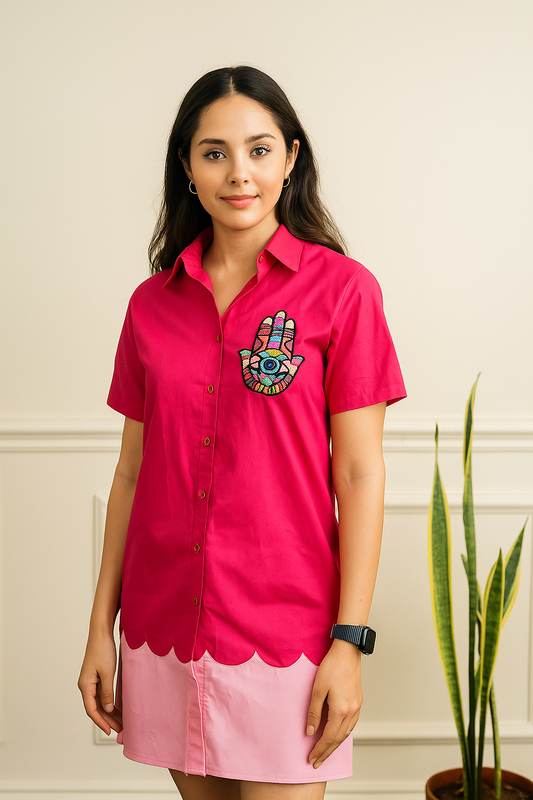 Evil Eye Charm Scallop Hem Shirt Dress