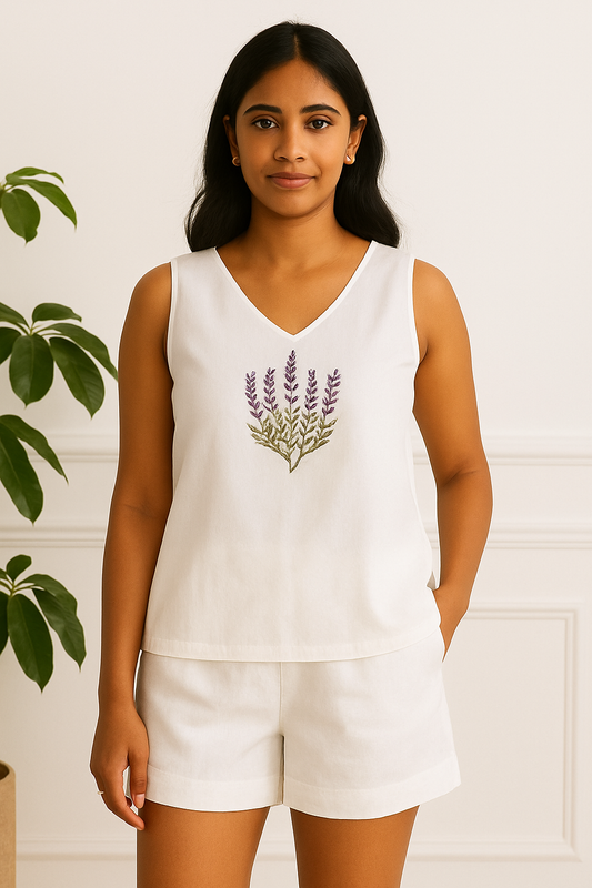 Serene Petal Co-Ord Set – Embroidered Sleeveless Top & Shorts