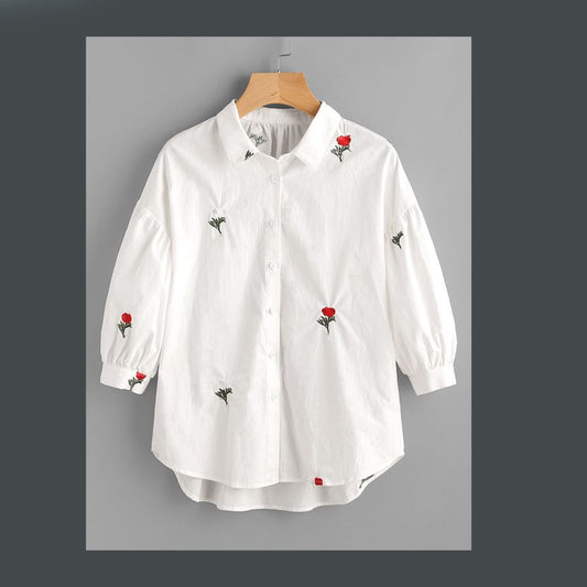 White Cotton Shirt with All-Over Red Floral Embroidery
