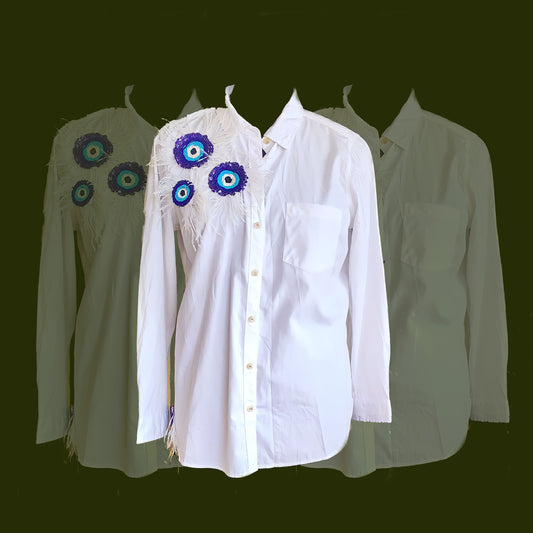 Evil Eye Embellished Shirt with Feather Detailing