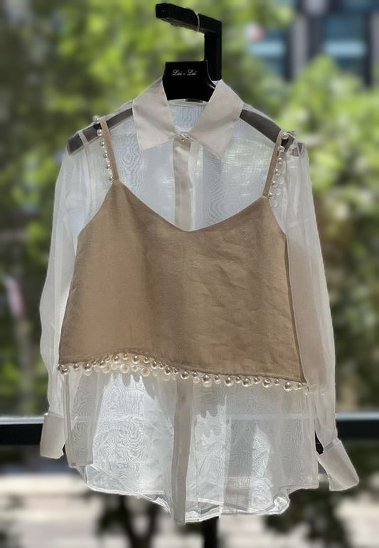 Layered Sheer White Shirt with Beige Camisole with Pearl Detailing