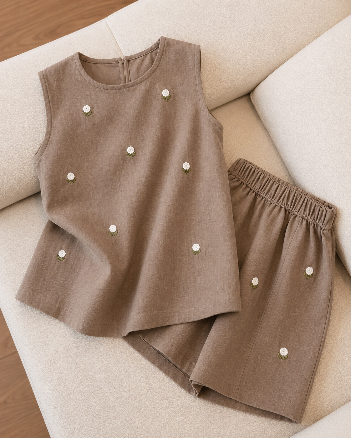 Mocha Bloom Embroidered Cotton Co-Ord Set for Women .