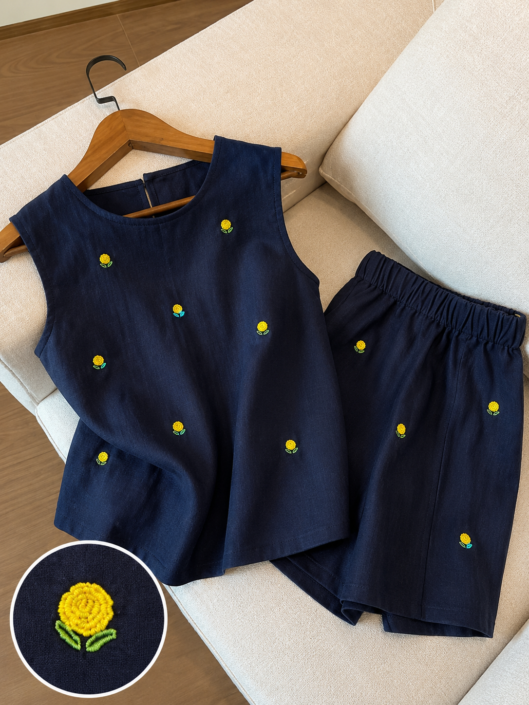 Navy Blue Embroidered Cotton Co-ord Set for Women