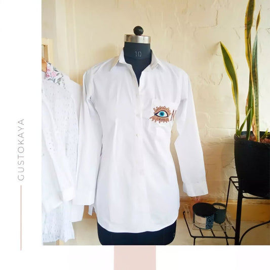 White Cotton Shirt with Evil Eye Pocket Embroidery & Custom Initials.