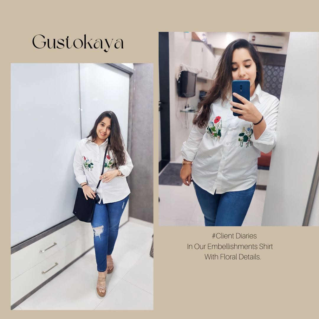 White Embellished Shirt with Floral Pocket Embroidery