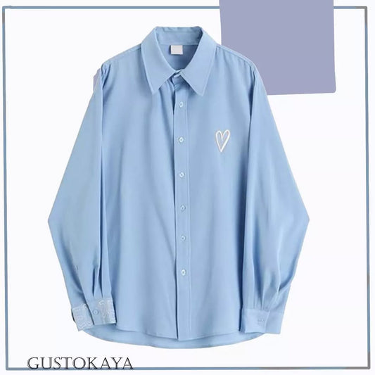 Sky Blue Button-Down Shirt with Minimalist Heart Embroidery – Soft Aesthetic Casualwear