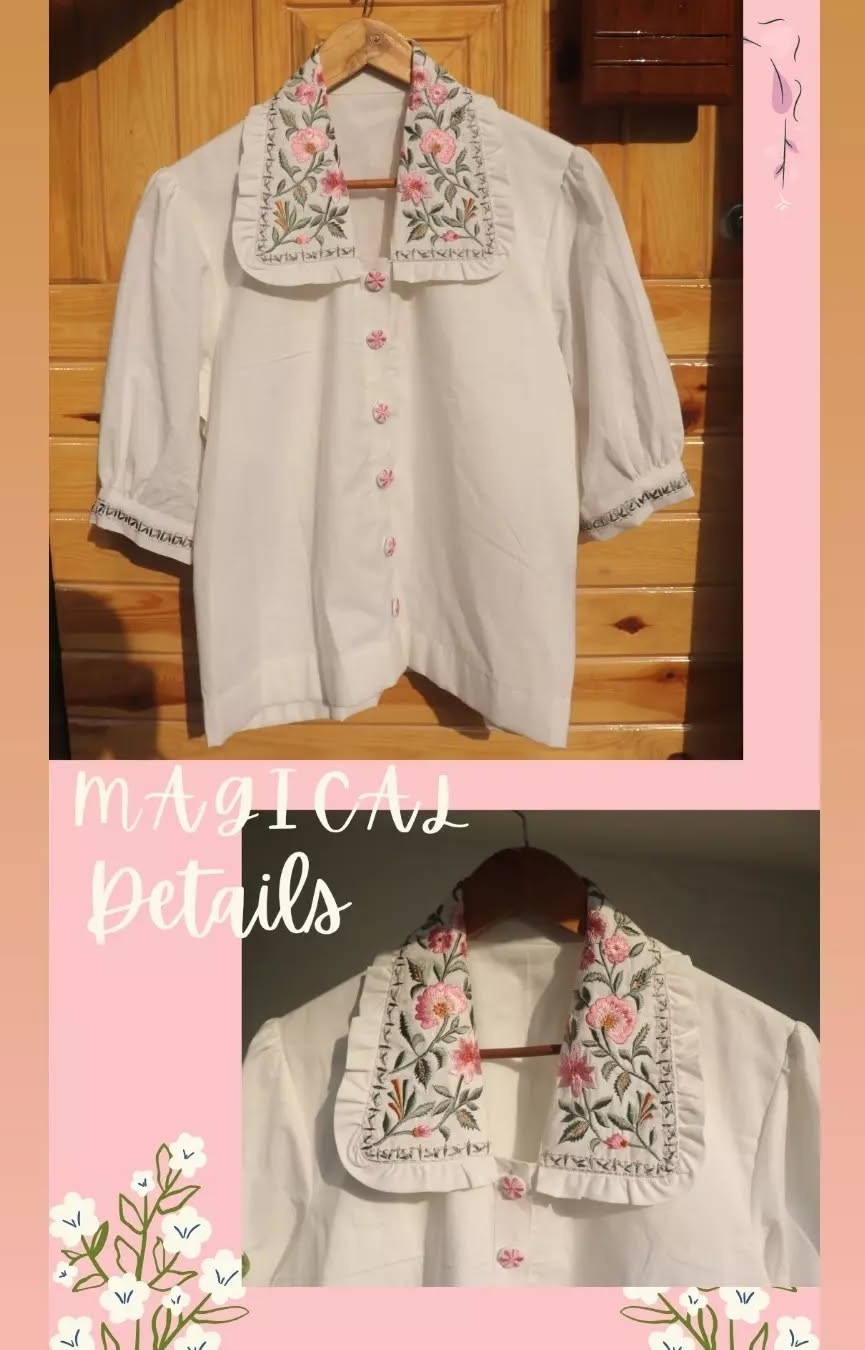 White Cotton Shirt with Hand Embroidered Floral Collar Details