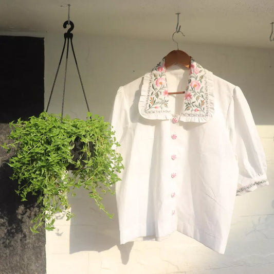 White Cotton Shirt with Hand Embroidered Floral Collar Details