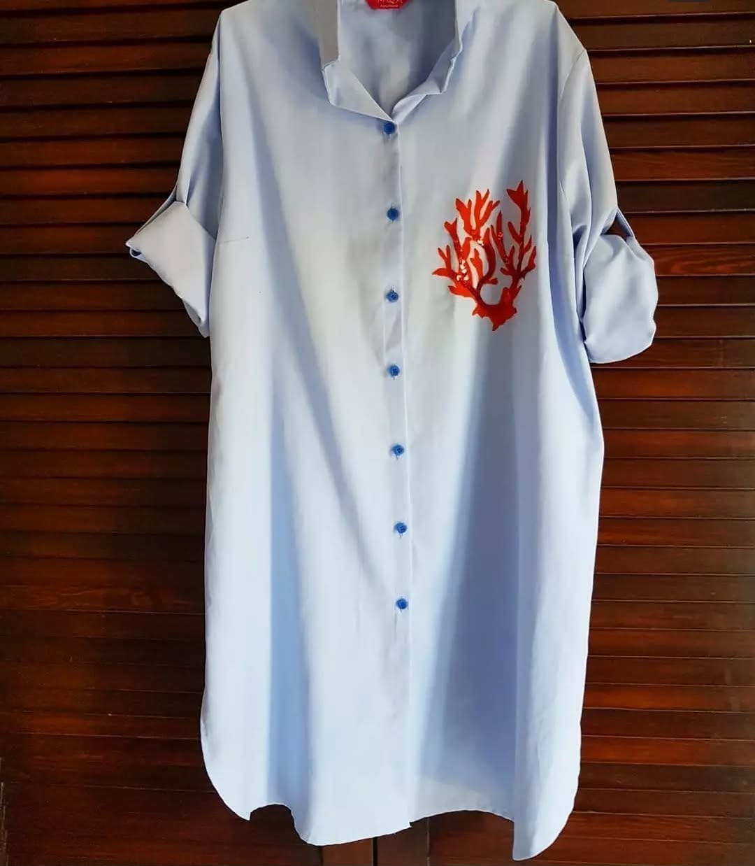 Coral Reef Hand-Painted Blue Shirt Dress – Relaxed Fit
