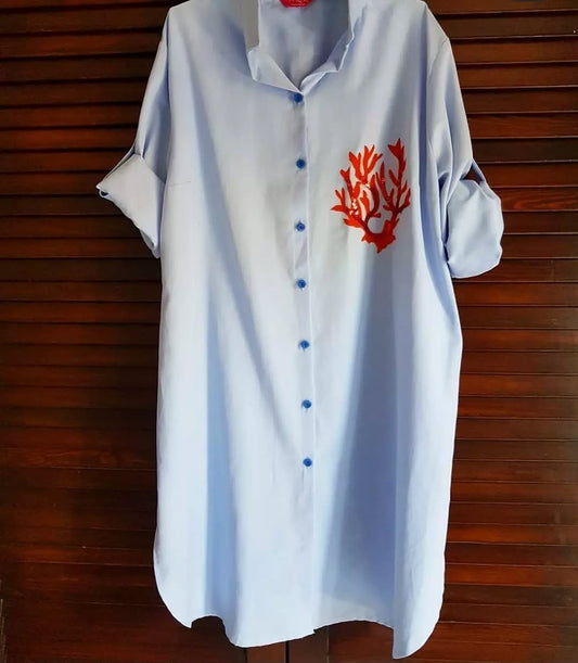 Coral Reef Hand-Painted Blue Shirt Dress – Relaxed Fit
