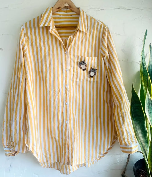 Women’s Mustard & White Striped Shirt with Hand-Embellished Owl Motifs