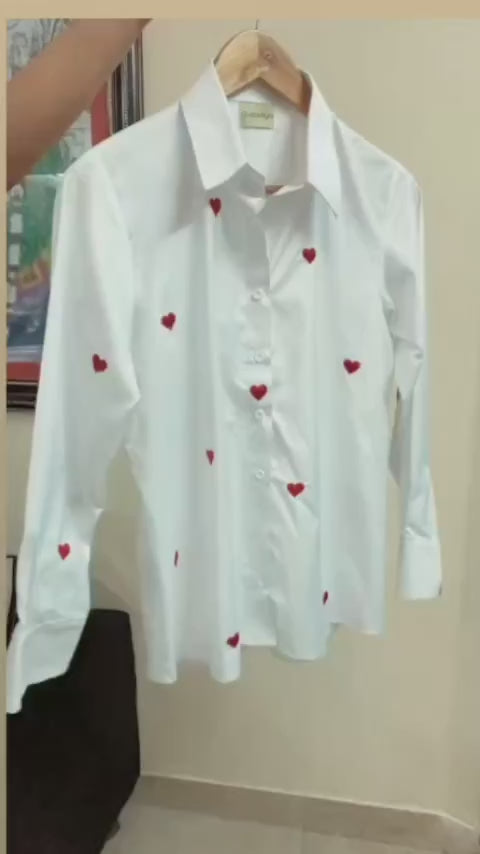 White Button-Down Shirt with Red Heart Embroidery